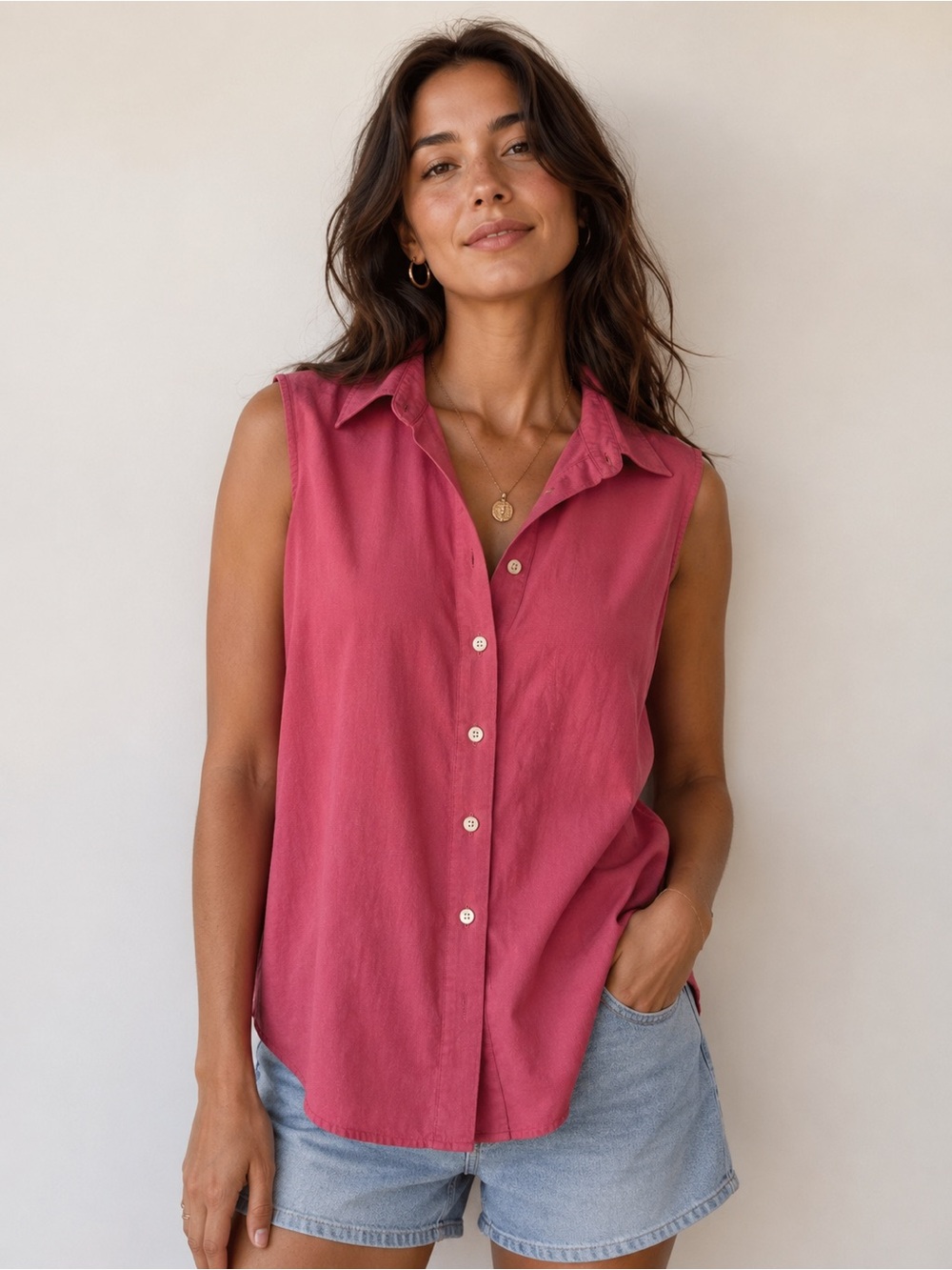 Lands' End Sleeveless Button-Down Shirt in Rose Pink